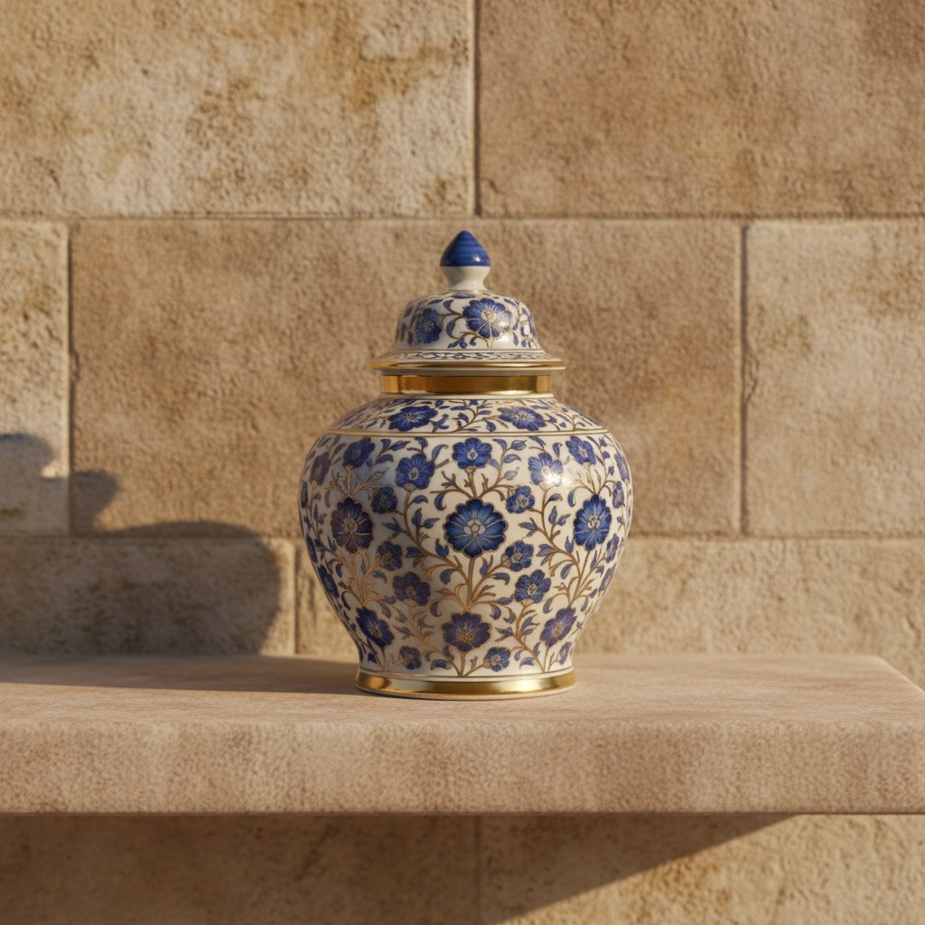 This image features a stunning vessel and matching lid, painted with vibrant blue and gold floral patterns, resting on a s...