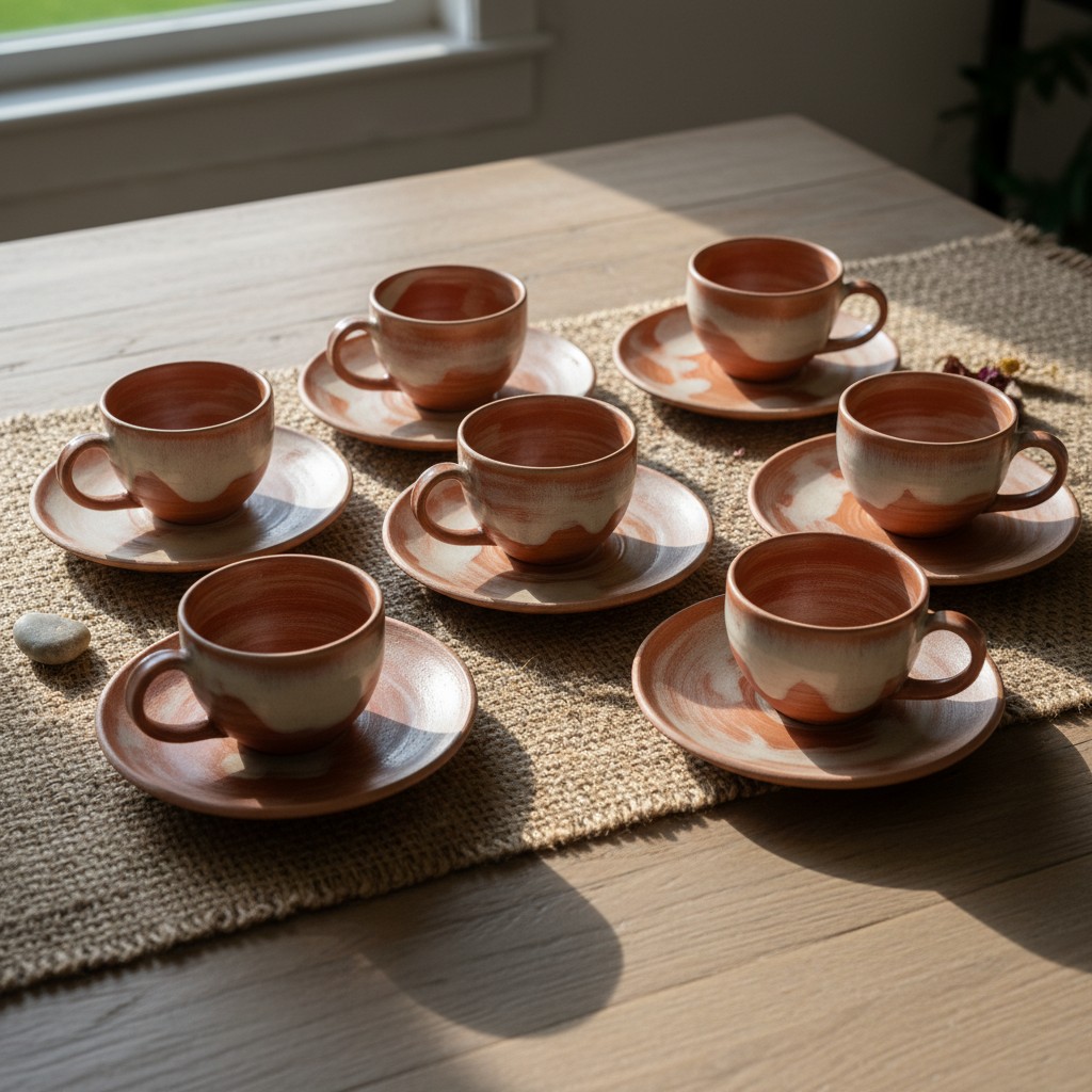 Eight clay tea cups and saucers in a row, with a splayed arrangement, on a woven brown mat placed on a wooden table.
