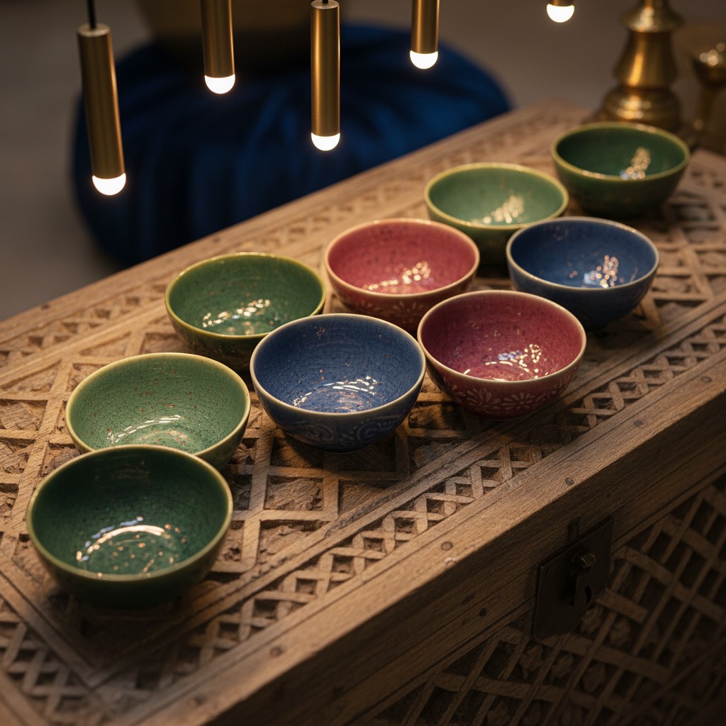 *Ceramic bowls of varied colors displayed on intricately carved wooden table with overhead cylinder-shaped light fixtures*.